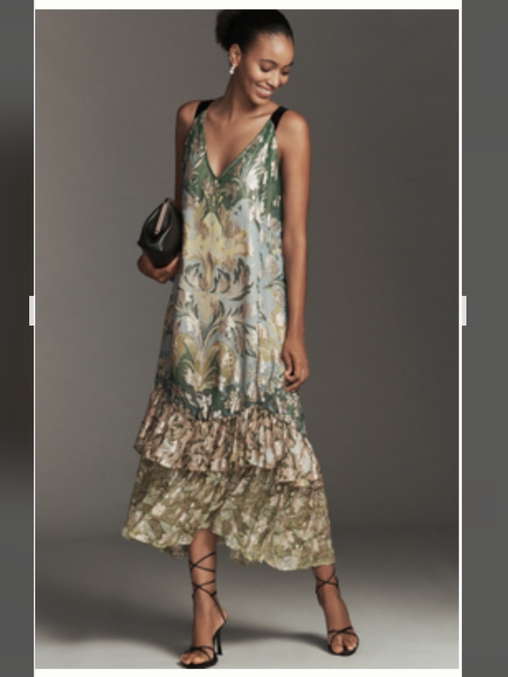 Anthropologie Green and Blue Floral Maxi Slip Dress with Gold Accents